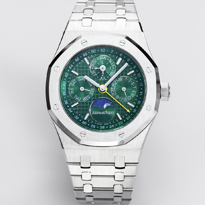 [오데마피게] 남성용 로얄오크 26574 퍼페츄얼 캘린더 문페이즈 41mm 그린 다이얼 신형 5134 오토매틱 무브먼트 aud4208