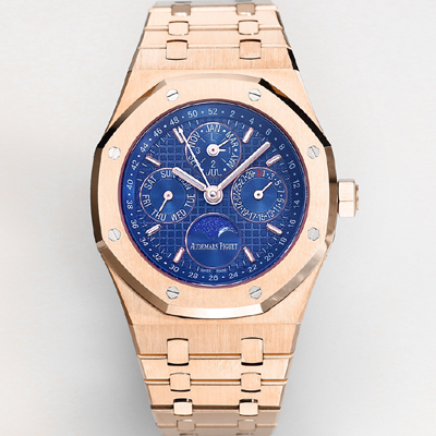 [오데마피게] 남성용 로얄오크 26574 퍼페츄얼 캘린더 문페이즈 18K 로즈골드 41mm 블루 다이얼 신형 5134 오토매틱 무브먼트 aud4212