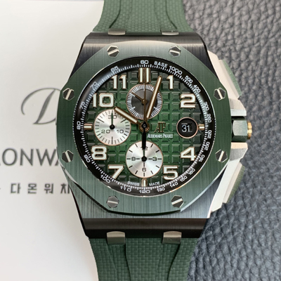 [오데마피게] 남성용 로얄오크 오프쇼어 26405CE.OO.A056CA.01 세라믹 베젤 크로노그래프 44mm 오토매틱 무브먼트 그린 다이얼 aud6580