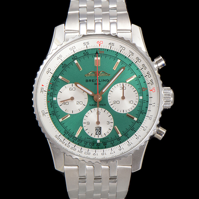[브라이틀링] 남성용 네비타이머 AB01388A1L1P1 크로노그래프 ETA7750-2 타입 오토매틱 43mm 메탈줄 그린 다이얼 bre6005