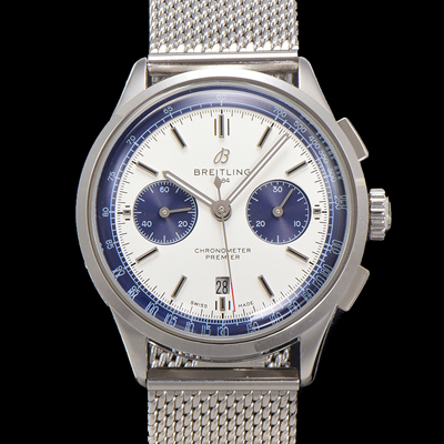 [브라이틀링] 남성용 프리미에르 크로노그래프 7750 타입 오토매틱 42mm 메쉬밴드 화이트 다이얼 bre6013