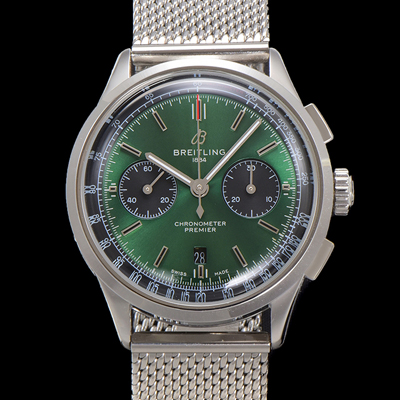 [브라이틀링] 남성용 프리미에르 AB0118A11L1X1 크로노그래프 7750 타입 오토매틱 42mm 메쉬밴드 그린 다이얼 bre6014