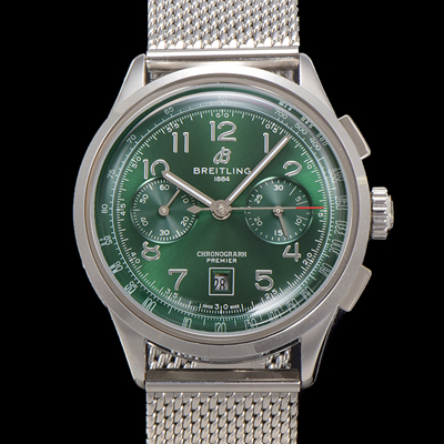 [브라이틀링] 남성용 프리미에르 AB0145371L1P1 크로노그래프 7750 타입 오토매틱 42mm 메쉬밴드 그린 다이얼 bre6017