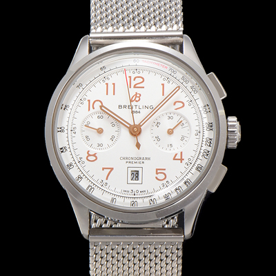 [브라이틀링] 남성용 프리미에르 AB0145211G1P1 크로노그래프 7750 타입 오토매틱 42mm 메쉬밴드 화이트 다이얼 bre6018