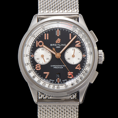 [브라이틀링] 남성용 프리미에르 크로노그래프 7750 타입 오토매틱 42mm 메쉬밴드 블랙 다이얼 bre6021