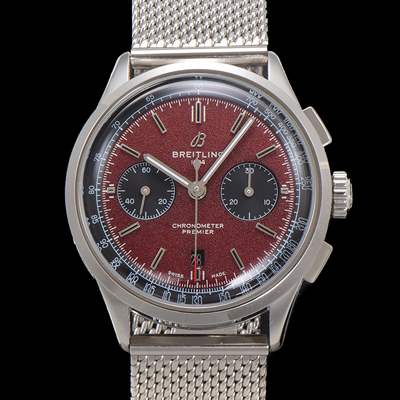 [브라이틀링] 남성용 프리미에르 크로노그래프 7750 타입 오토매틱 42mm 메쉬밴드 레드 다이얼 bre6024