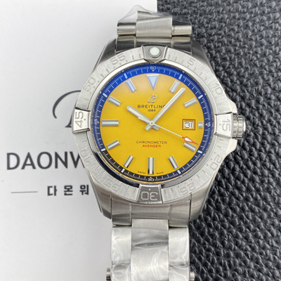 [브라이틀링] 남성용 어벤져 44mm 메탈줄 오토매틱 2836-2 타입 옐로우 다이얼 bre6069