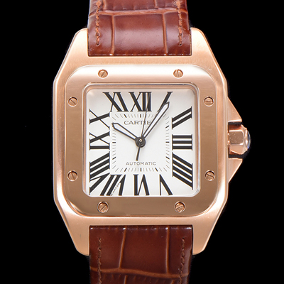 [까르띠에] 산토스 100 XL 오토매틱 ETA2824-2 타입 18k 로즈골드 남성용 51mm 가죽줄 화이트다이얼 car69313