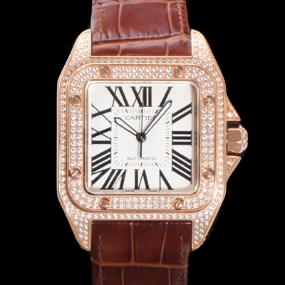 [까르띠에] 산토스 100 XL 오토매틱 ETA2824-2 타입 18k 로즈골드 남성용 51mm 가죽줄 화이트 다이얼 car69315