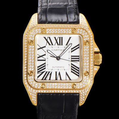 [까르띠에] 산토스 100 오토매틱 ETA2824-2 타입 18k 옐루골드/보석시계 남성용 51mm 가죽줄 화이트 다이얼 car69316