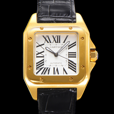 [까르띠에] 산토스 100 오토매틱 ETA2824-2 타입 18k 옐루골드 남성용 51mm 가죽줄 화이트 다이얼 car69317