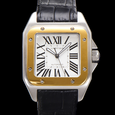 [까르띠에] 산토스 100 W20072X7 오토매틱 ETA2824-2 타입 18k 옐루골드 베젤 남성용 51mm 가죽줄 화이트 다이얼 car69318