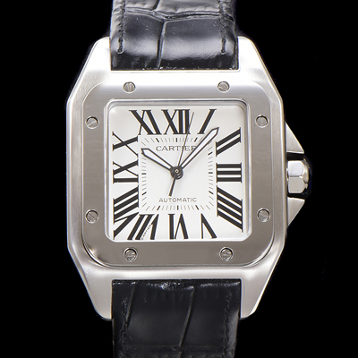 [까르띠에] 산토스 100 W20073X8 오토매틱 ETA2824-2 타입 남성용 51mm 가죽줄 화이트 다이얼 car69319