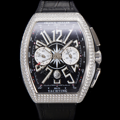 [프랭크뮬러] 남성용 뱅가드 다이아셋팅 오토매틱 크로노그래프 7750 타입 44mm 가죽줄 블랙 다이얼 fra8244