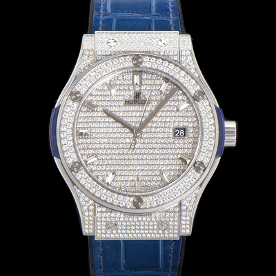 [휴블렛] 남성용 클래식 퓨전 565.NX.9010.LR.1704 다이아몬드 셋팅 큐빅/보석 다이얼 42미리 오토매틱 2892 타입 가죽/우레탄 믹스밴드 hub2125