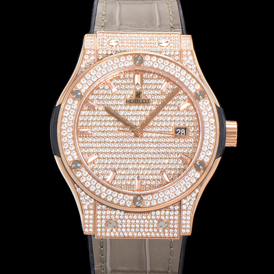 [휴블렛] 남성용 클래식 퓨전 565.OX.9010.LR.1704 다이아몬드 셋팅 큐빅/보석 다이얼 18K로즈골드 42미리 오토매틱 2892 타입 가죽/우레탄 믹스밴드 hub2128