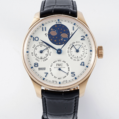 [아이더블유씨] 남성용 포루투기즈 IW503405 퍼페추얼 캘린더 더블 문 플래티넘 44mm 18k 로즈골드 오토매틱 무브먼트 화이트 다이얼 iwc4110