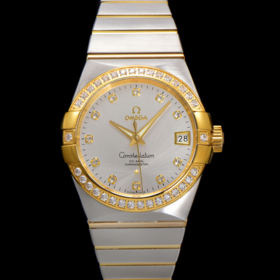 [오메가] 남성용 컨스틀레이션 123.25.38.21.52.002 18k 옐로우골드 다이아몬드 세팅 베젤 38mm 오토매틱 8500타입 실버 다이얼 omg0157