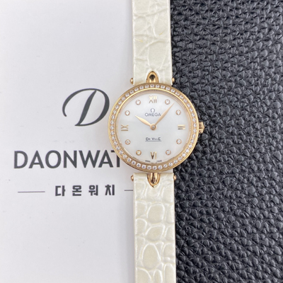 [오메가] 여성용 드빌 424.58.27.60.55.002 프레스티지 듀드롭 27.4mm 18K 로즈골드 다이아몬드 쿼츠 무브먼트 화이트 자개 다이얼 omg0236