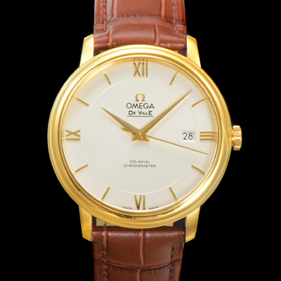 [오메가] 남성용 드빌 프레스티지 424.53.40.20.02.002 오토매틱 Cal.2500타입 39.5mm 18K 옐로우골드 가죽줄 화이트 다이얼 omg20206