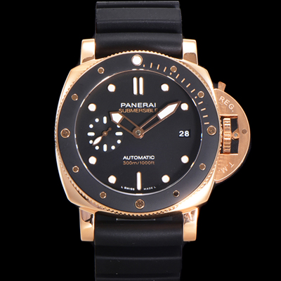 [파네라이] 남성용 서브머시블 골드테크™ PAM02164 오토매틱 Cal P. 900 타입 42mm 18K 로즈골드 우레탄 블랙 다이얼 pan5209