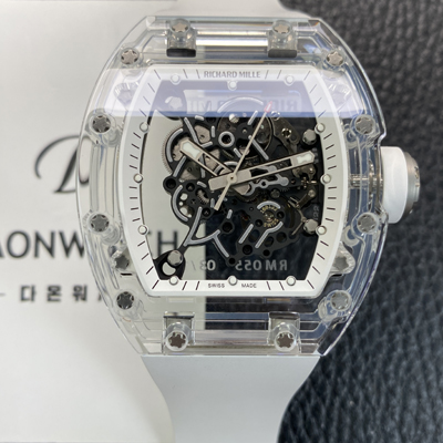 [리차드밀레] 남성용 RM055 트랜스파랜트 50mm 미네랄 크리스탈 기계식 수동형 무브먼트 화이트 스켈레톤 다이얼 ric0326