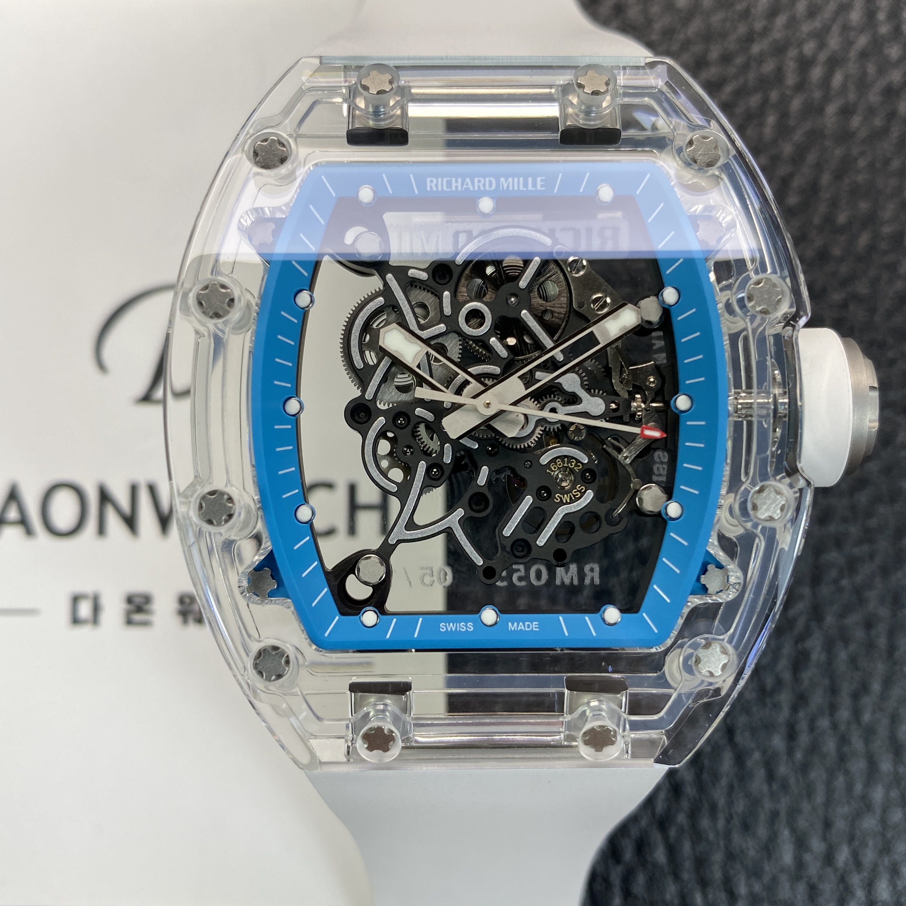 [리차드밀레] 남성용 RM055 트랜스파랜트 50mm 미네랄 크리스탈 기계식 수동형 무브먼트 블루 스켈레톤 다이얼 ric0327