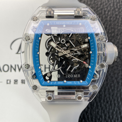 [리차드밀레] 남성용 RM055 트랜스파랜트 50mm 미네랄 크리스탈 기계식 수동형 무브먼트 블루 스켈레톤 다이얼 ric0328