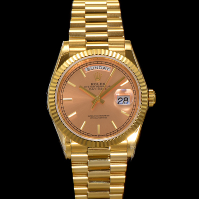 [로렉스] 남성용 New 데이데이트 m128238-0045 무게173g 18K 옐로우골드 프레지던트 36mm 오토매틱 Cal.2836-2 타입 샴페인 다이얼 rol5407