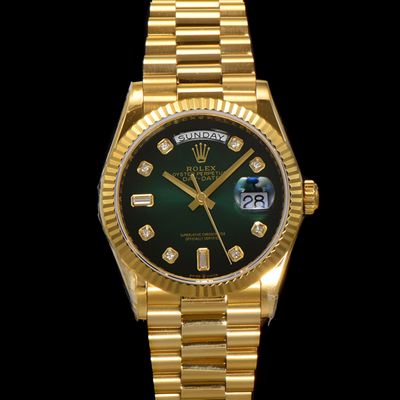 [로렉스] 남성용 New 데이데이트 m128238-0069 무게173g 18K 옐로우골드 프레지던트 36mm 오토매틱 Cal.2836-2 타입 다이아몬드 그린 옴브레 다이얼 rol5408