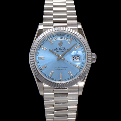 [로렉스] 남성용 New 데이데이트 m128236-0009 무게173g 플래티넘 프레지던트 36mm 오토매틱 Cal.2836-2 타입 아이스 블루 바게트 다이얼 rol5411