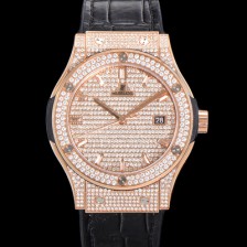 [휴블렛] 남성용 클래식 퓨전 565.OX.9010.LR.1704 다이아몬드 셋팅 큐빅/보석 다이얼 18K로즈골드 42미리 오토매틱 2892 타입 가죽/우레탄 믹스밴드 hub2127