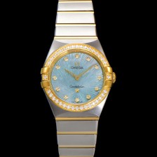 [오메가] 여성용 컨스틀레이션 131.25.28.60.60.001 옐로우골드 다이아몬드 세팅 베젤 28mm 쿼츠 무브먼트 그린 다이얼 omg0149