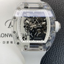 [리차드밀레] 남성용 RM055 트랜스파랜트 50mm 미네랄 크리스탈 기계식 수동형 무브먼트 화이트 스켈레톤 다이얼 ric0326