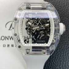 [리차드밀레] 남성용 RM055 트랜스파랜트 50mm 미네랄 크리스탈 기계식 수동형 무브먼트 화이트 스켈레톤 다이얼 ric0326