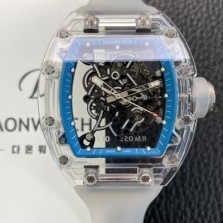 [리차드밀레] 남성용 RM055 트랜스파랜트 50mm 미네랄 크리스탈 기계식 수동형 무브먼트 블루 스켈레톤 다이얼 ric0328