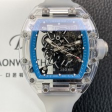 [리차드밀레] 남성용 RM055 트랜스파랜트 50mm 미네랄 크리스탈 기계식 수동형 무브먼트 블루 스켈레톤 다이얼 ric0328