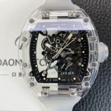 [리차드밀레] 남성용 RM055 트랜스파랜트 50mm 미네랄 크리스탈 기계식 수동형 무브먼트 블랙 스켈레톤 다이얼 ric0329