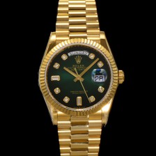 [로렉스] 남성용 New 데이데이트 m128238-0069 무게173g 18K 옐로우골드 프레지던트 36mm 오토매틱 Cal.2836-2 타입 다이아몬드 그린 옴브레 다이얼 rol5408