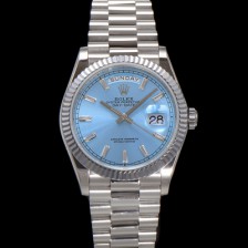 [로렉스] 남성용 New 데이데이트 m128236-0009 무게173g 플래티넘 프레지던트 36mm 오토매틱 Cal.2836-2 타입 아이스 블루 바게트 다이얼 rol5411