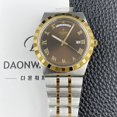 [튜더] 남성용 로얄 워치 오토매틱 스위스 ETA2836-2 타입 18K 옐루골드 41mm 메탈줄 브라운 다이얼 tud5134