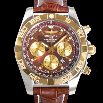 브라이틀링 남성용 원드라이더 크로노맷 오토매틱 ETA-7750 기계식 44mm 18K 옐루골드 가죽줄 브라운다이얼 bre5391 실사 이미지