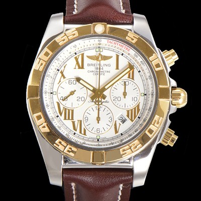 브라이틀링 남성용 원드라이더 크로노맷 오토매틱 ETA-7750 기계식 44mm 18K 옐루골드 가죽줄 화이트다이얼 bre9152 실사 이미지