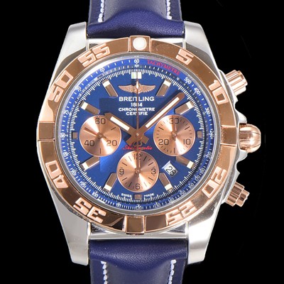 브라이틀링 남성용 원드라이더 크로노맷 오토매틱 ETA-7750 기계식 44mm 18K 로즈골드 가죽줄 블루다이얼 bre1531 실사 이미지