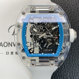 리차드밀레 남성용 RM055 트랜스파랜트 50mm 미네랄 크리스탈 기계식 수동형 무브먼트 블루 스켈레톤 다이얼 ric0327 실사 이미지